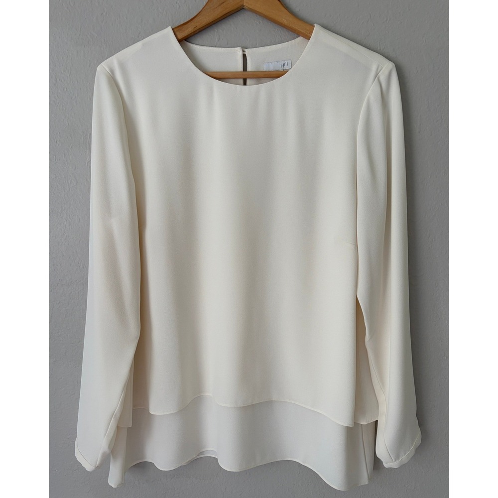 J. Jill Womens Layered Hem Blouse L Cream Long Sleeve Crepe Top Quiet Luxury